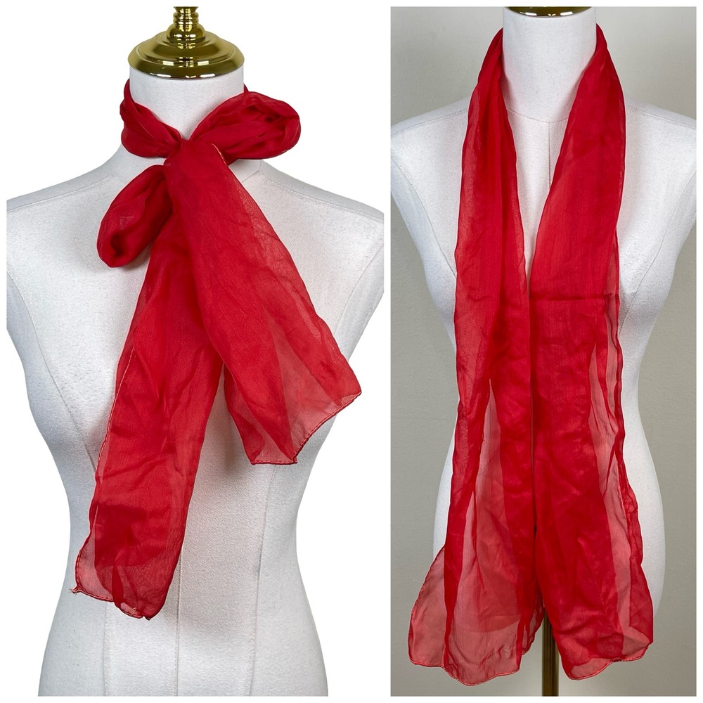 Vintage Red Chiffon Lightweight Sheer Neck Scarf Women Red‎ Retro Rockabilly